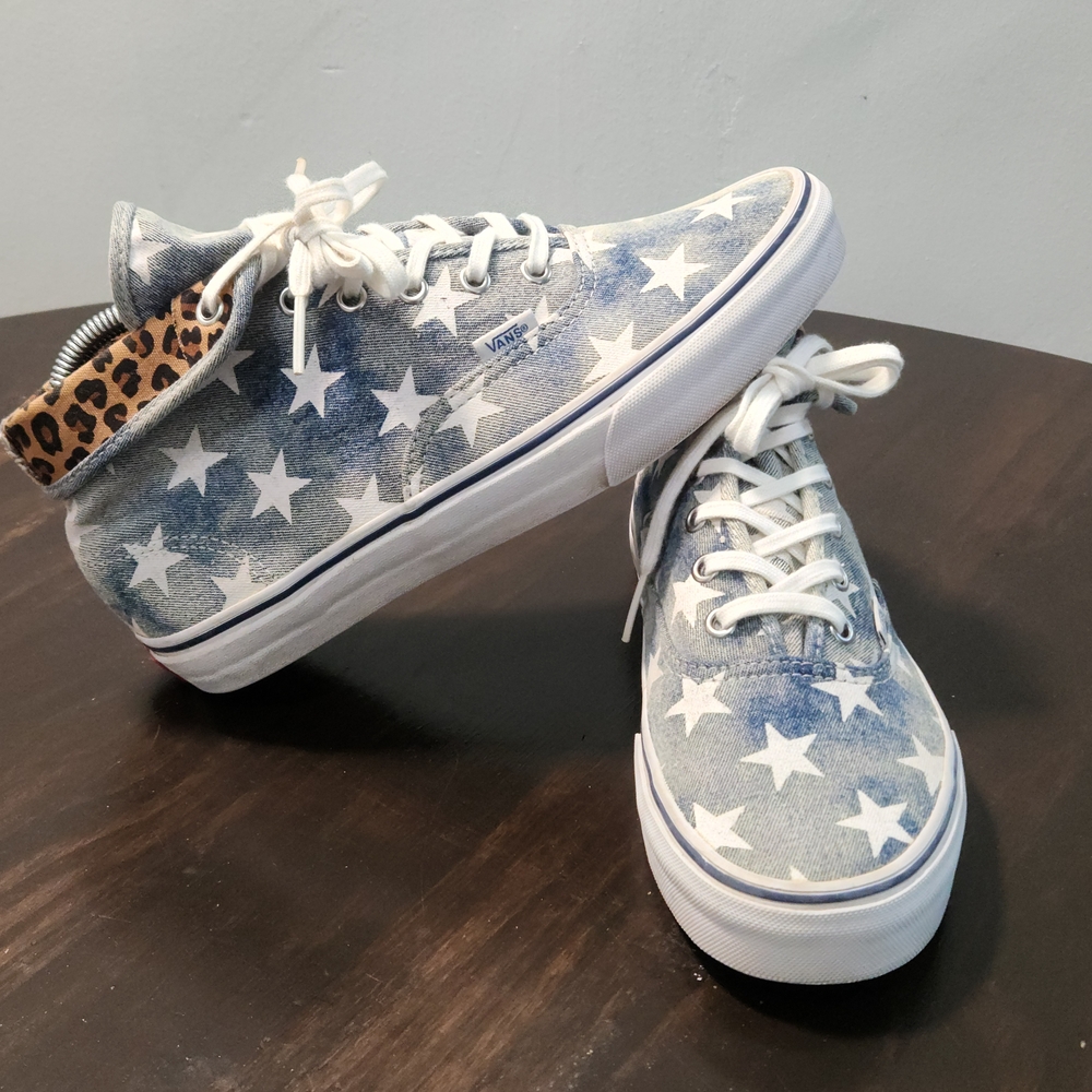 Vans Blue and White Star-Print High-Top Sneakers with Leopard Trim